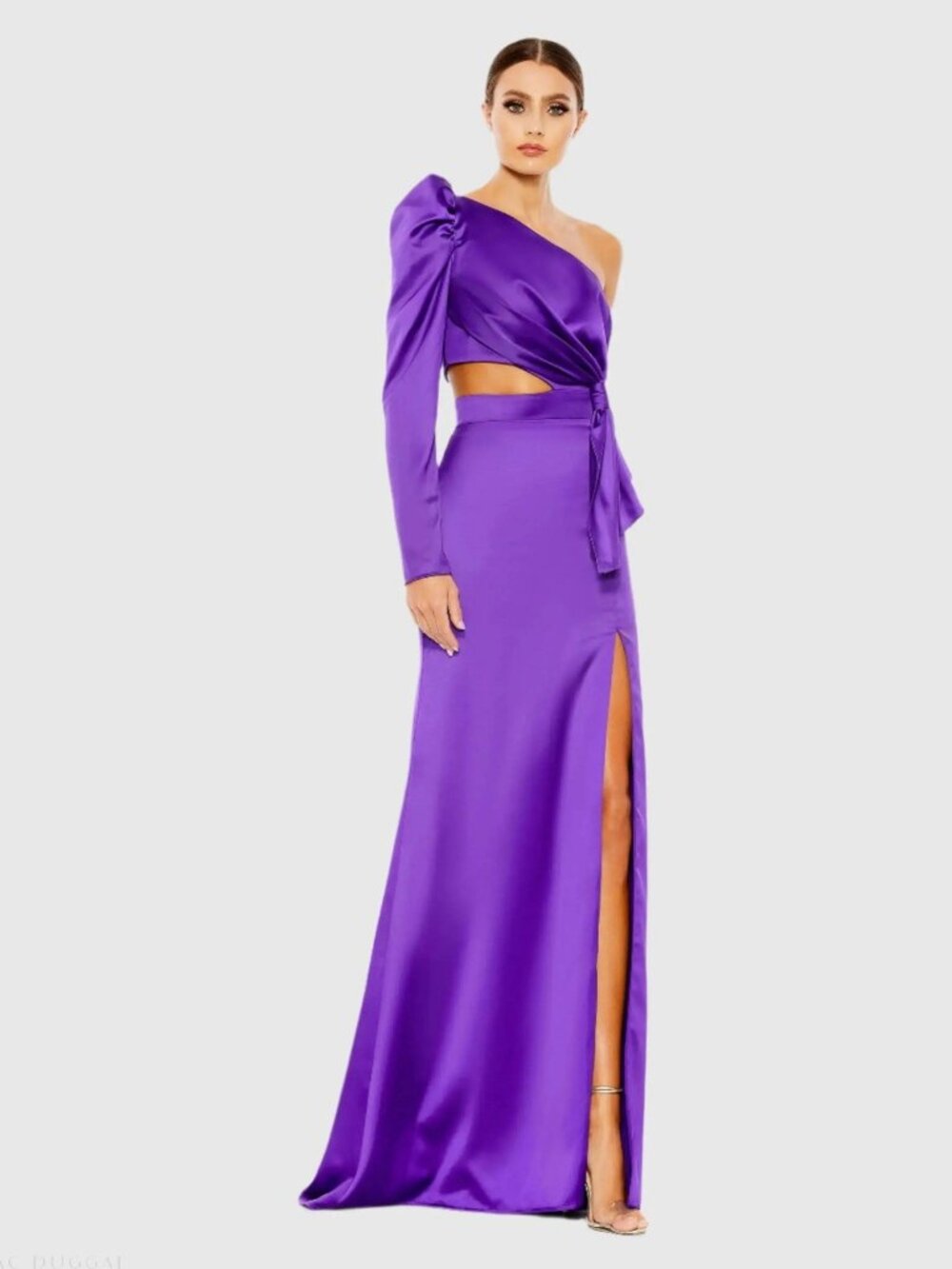 Mac Duggal Size 0 Purple 49570 One-Shoulder Puff Sleeve Cut-Out Maxi Gown Dress